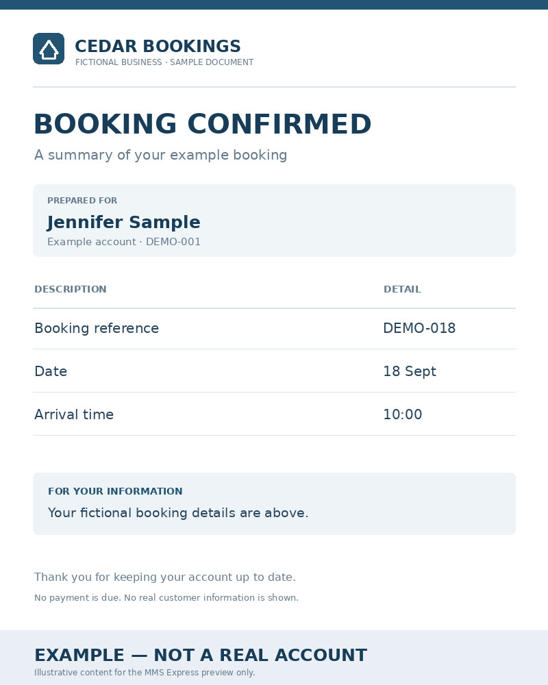 Example booking confirmation